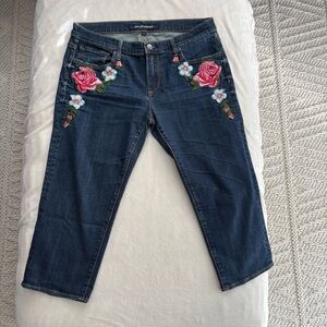 DRIFTWOOD Dark Blue crop Jeans with Pink Floral Embroidery